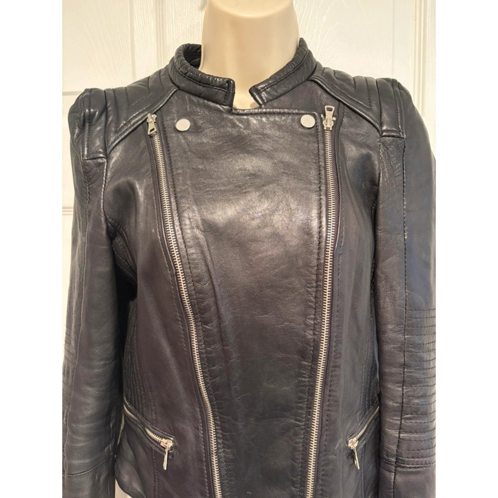 ZARA Trafaluc Genuine Leather Moto Medium Jacket Black Cropped Biker Y2K goth